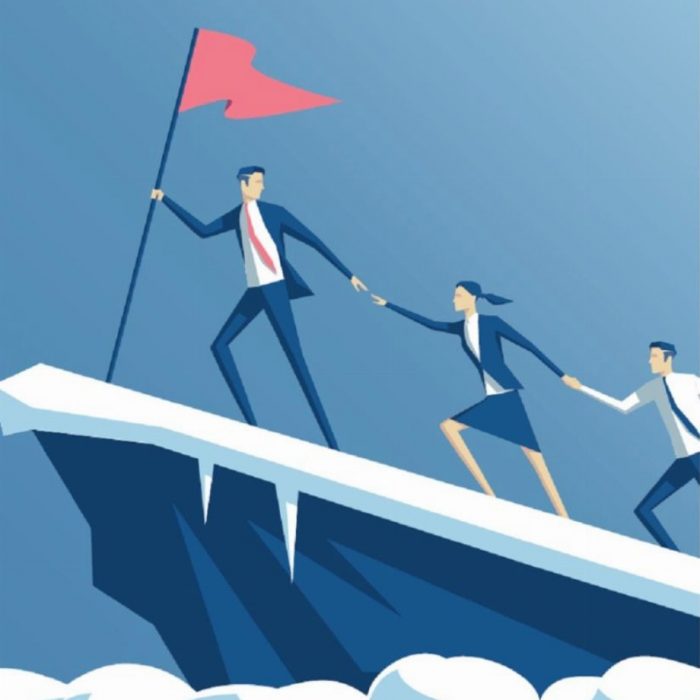 lider drzi zastavu i predvodi tim - ilustracija